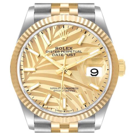 Rolex Datejust Steel Yellow Gold Golden Palm Dial Mens Watch