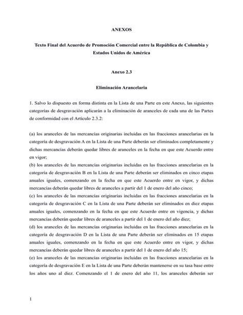 Anexos Texto Final Del Acuerdo De Promoción Comercial Entre La República Estados Unidos De