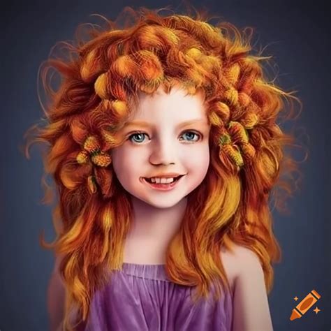 Illustration Of Adorable Smiling Ginger Haired Girls In Colorful