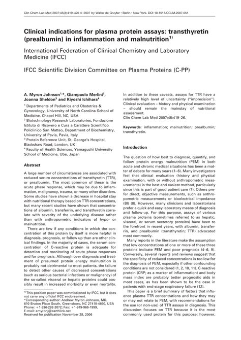 (PDF) Clinical indications for test of plasmatic proteins: Transthyretin (prealbumin) in ...