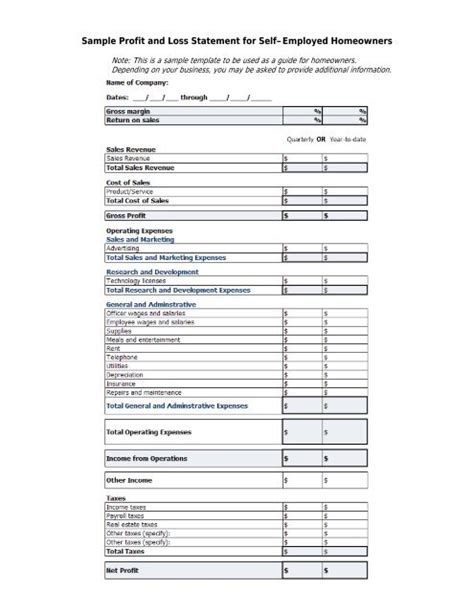 Profit And Loss Statement Self Employed