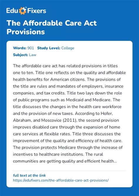 The Affordable Care Act Provisions Free Essay Example