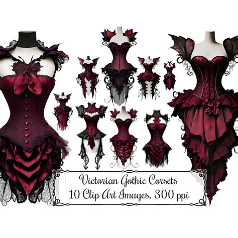 Victorian Gothic Corsets Clip Art, Black and Red With Lace Clipart ...