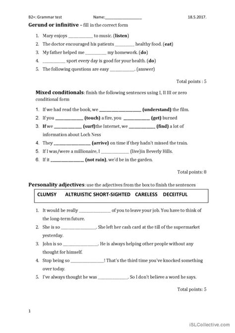 B2 Diagnostic Test Worksheet English Test English Grammar 60 Off