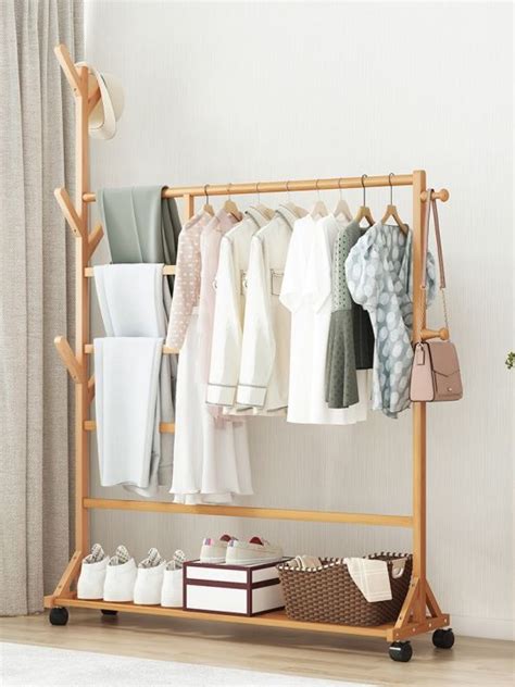 Bamboo Wooden Clothes Rack With Wheels Multifunction Hat Coat Rack