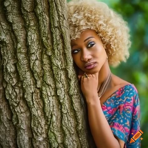 Tahitian Lady With Blonde Afro Hair Leaning On A Tree On Craiyon