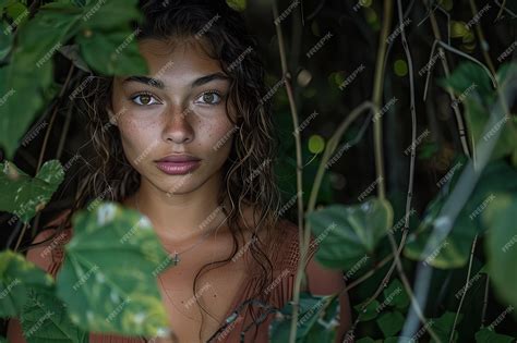 Premium Photo A Woman With Freckled Hair And Blue Eyes Standing Among Green Leaves