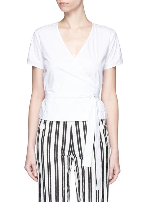 Theory Analice Cotton Poplin Wrap Blouse In White Lyst