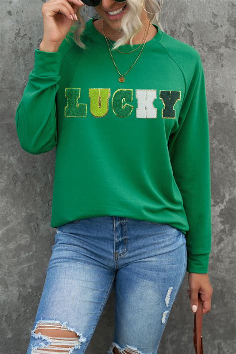 Green St Patricks Lucky Chenille Embroidered Graphic Sweatshirt