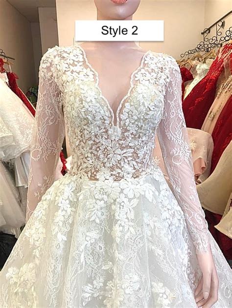 Dreamy Princess Long Sleeves Deep V Neck Floral Lace Whiteivory Ball Gown Wedding Dress