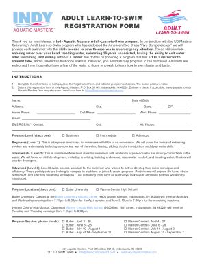 Fillable Online Registration Form Indy Aquatic Masters Fax Email