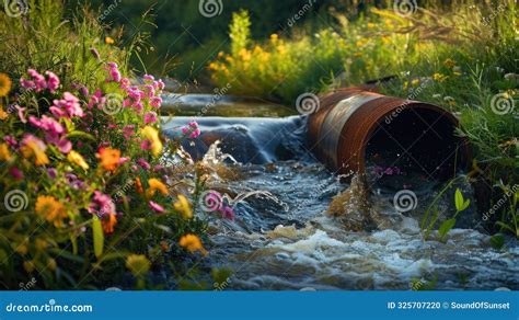 Dirty Water Wastes Discharged Through Pipe Into Beautiful River With