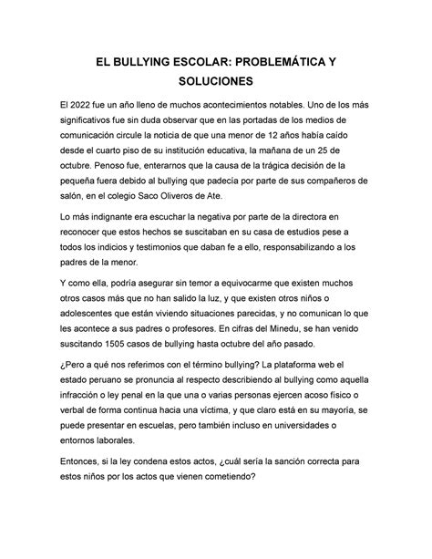 El bullying ensayo EL BULLYING ESCOLAR PROBLEMÁTICA Y SOLUCIONES El