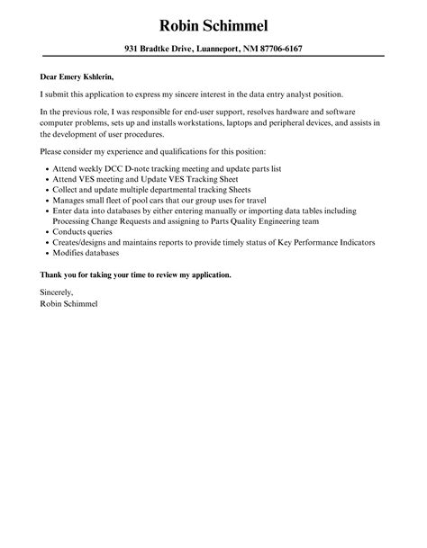 Data Entry Analyst Cover Letter Velvet Jobs