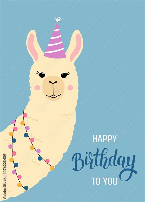 Vetor De Happy Birthday Greeting Card With Cute Llama Head Funny