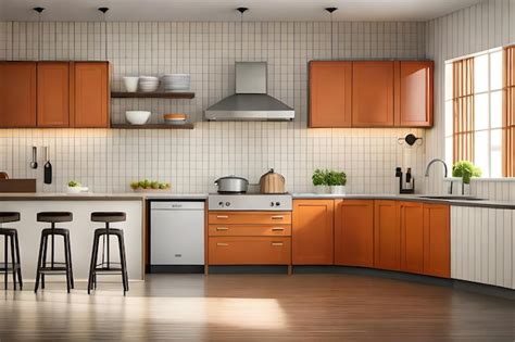 Premium AI Image A Kitchen With Orange Cabinets And A Stove And A Stove