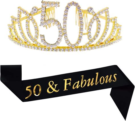 50th Birthday Kit Gold Tiara And Sash Glitter Satin Sash And Crystal