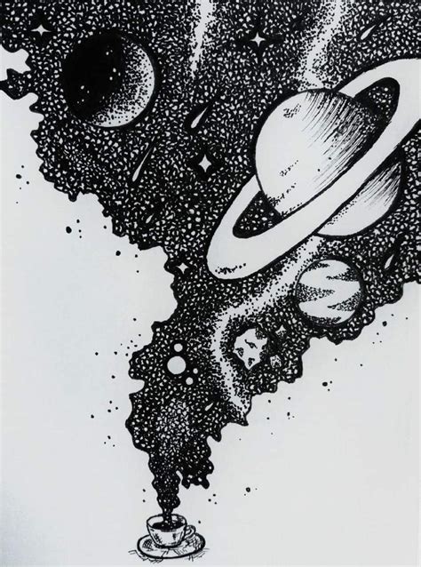 An Ink Drawing Of Saturn In Space With Stars And Planets On The Sky