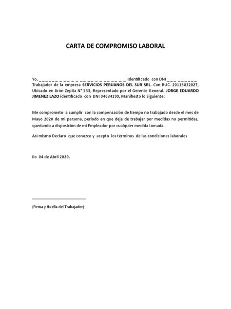 Carta De Compromiso Laboral Pdf