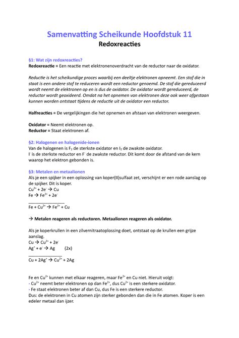 Samenvatting Scheikunde Curie Hoofdstuk 11 Samenvatting Scheikunde