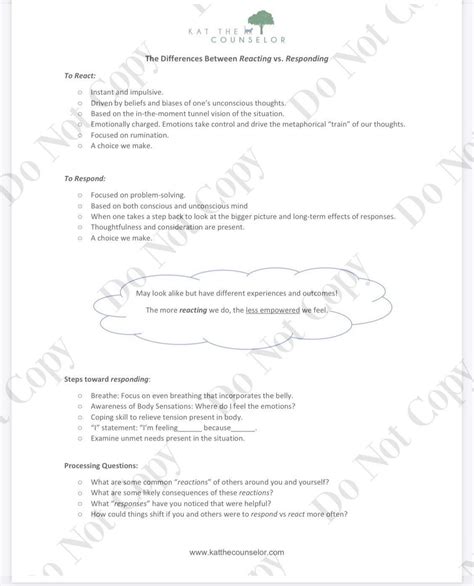 Reacting Vs Responding Therapeutic Worksheet Classful