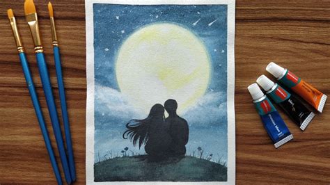 How To Draw Couple Watching The Moonwatercolor Painting For Beginners