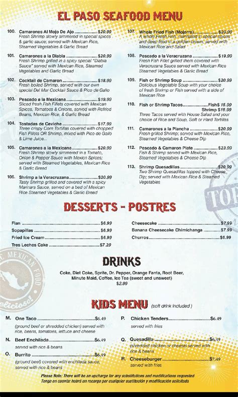 Menu at El Paso Mexican Grill restaurant, Monroe