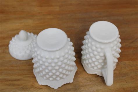 Vintage Fenton Hobnail Milk Glass Creamer And Sugar Set Tall Cream Pitcher And Bowl W Lid