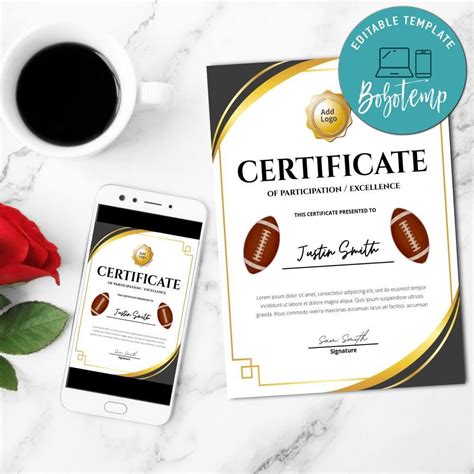 Football Certificate Template Customizable Instant Download | Bobotemp