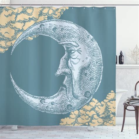 Moon Shower Curtain Vintage Crescent Moon With Grumpy Facial