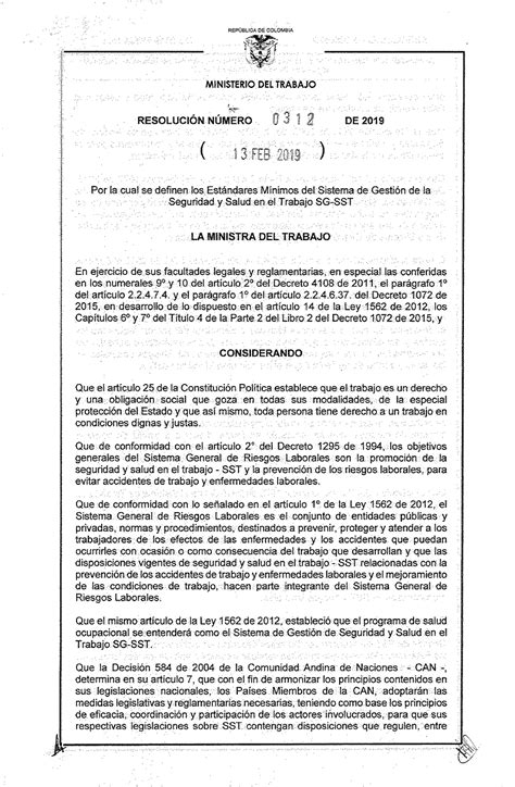 Resolucion 0312 2019 Estandares Minimos Del Sistema De La Seguridad Y Salud Gestión Y Control