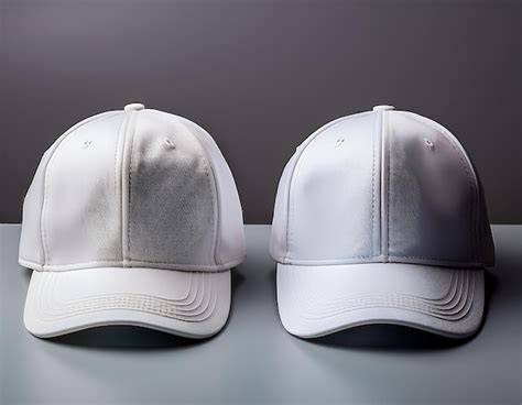 White Baseball Caps Mockup On A Grey Background Front And Back Side