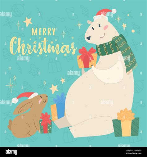 Polar Bear And Rabbit Cartoon Kawaii Merry Christmas Gretting Card