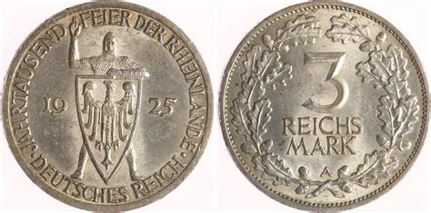 Weimarer Republik 3 Reichsmark 1925 A Rheinlande EF MA Shops