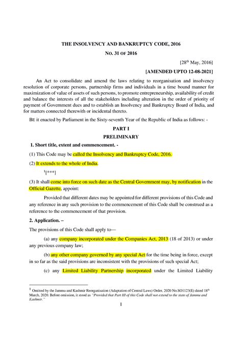 Ibc Code The Insolvency And Bankruptcy Code No Of