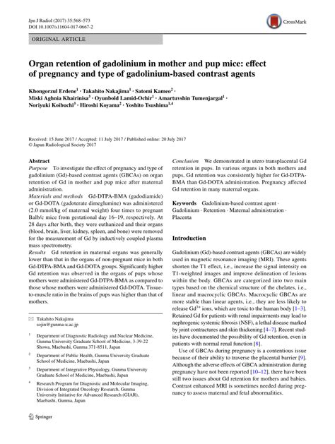 Pdf Organ Retention Of Gadolinium In Mother And Pup Mice Effect Of