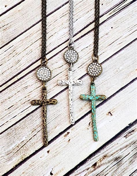 Rhinstone Cross Necklace Hammered Cross Necklace Long Cross Etsy