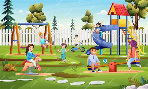 Premium Vector Children Playing On Playground With Slide Swing