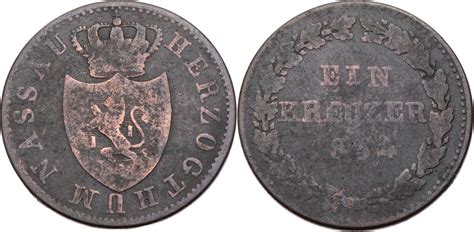 Nassau Herzogtum 1 Kreuzer 1854 Adolph I 1839 1866 Kursmünze