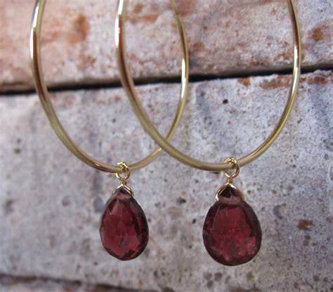 Garnet Dangle Hoop Earrings In K Gold