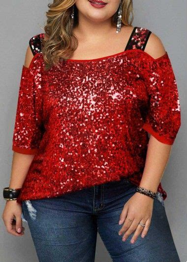 Plus Size Red Sequin Cold Shoulder Top New Years Eve Top Cold Shoulder Sequin Embellished Plus