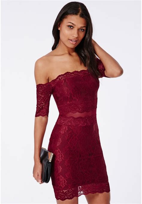 Missguided Kate Lace Bardot Midi Dress Burgundy 70 Missguided