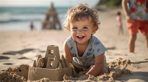 Child at the beach with sand castle 28841447 Stock Photo at Vecteezy