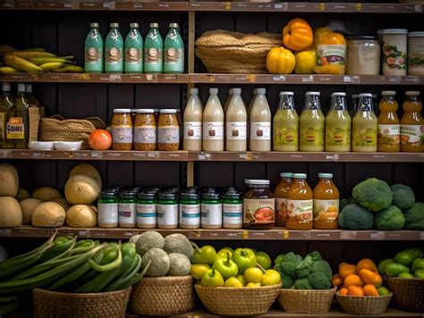 Un Estante Con Botellas De Jugo Y Otros Productos Incluidas Naranjas Y