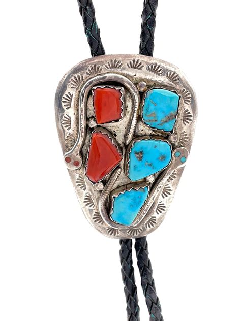 Lot EFFIE CALAVAZA ZUNI STERLING SILVER TURQUOISE CORAL BOLO TIE