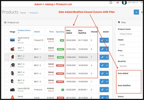 OpenCart Date Added Modified Viewed Column Filter At Admin Products List