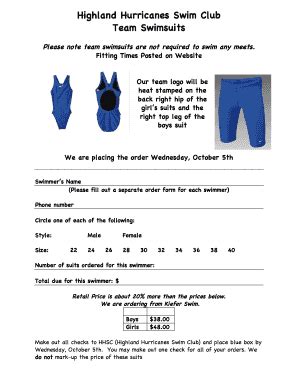 Fillable Online TEAM SWIMSUIT ORDER FORM Pdf TeamUnify Fax Email