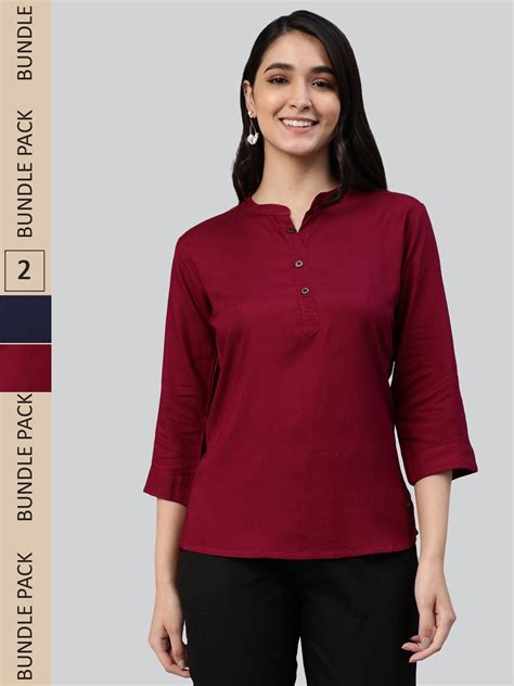 Buy Lyra Maroon And Navy Blue Pack Of 2 Mandarin Collar Top Tops For Women 20966402 Myntra