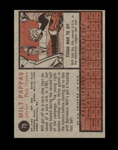 1962 Topps Set Break 75 Milt Pappas EX EXMINT GMCARDS EBay