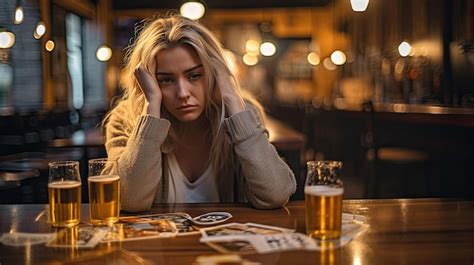 Mulher depressão bebendo cerveja bar triste bêbado Foto Premium